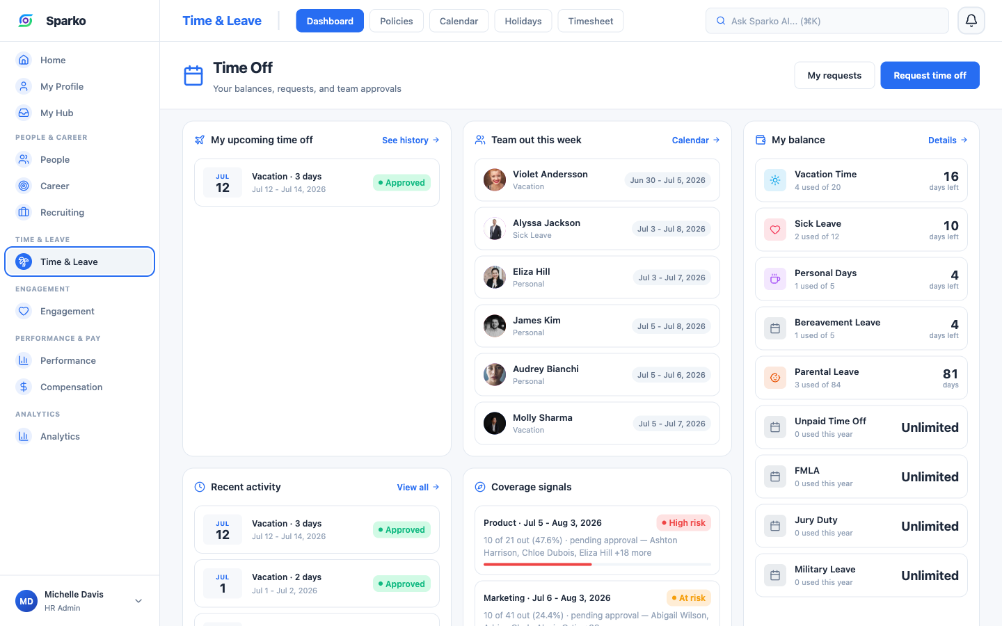 Sparko time and leave management showing PTO balances, team calendar, and timesheets